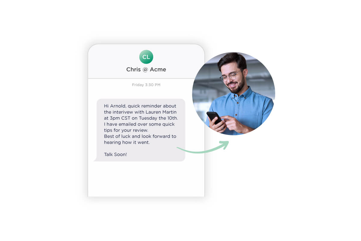 Afbeelding van een chatbot voor het communiceren met kandidaten, met de nadruk op de integratie van Bullhorn ATS/CRM-e-mail voor personeelsbemiddelingsbureaus.