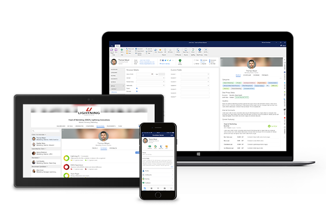 Executive search software dashboard displayed on a laptop, tablet, and smartphone.