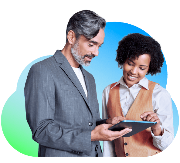A man and a woman with a tablet in front of a shape of a cloud with a blue and green gradient, representing the ease of use of Bullhorn, the top recruitment CRM systems for recruitment agencies.