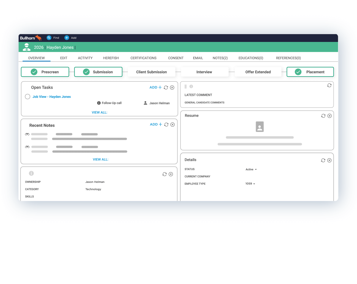 Tablette affichant le tableau de bord Bullhorn Automation avec diverses mesures de recrutement pour les agences de recrutement.