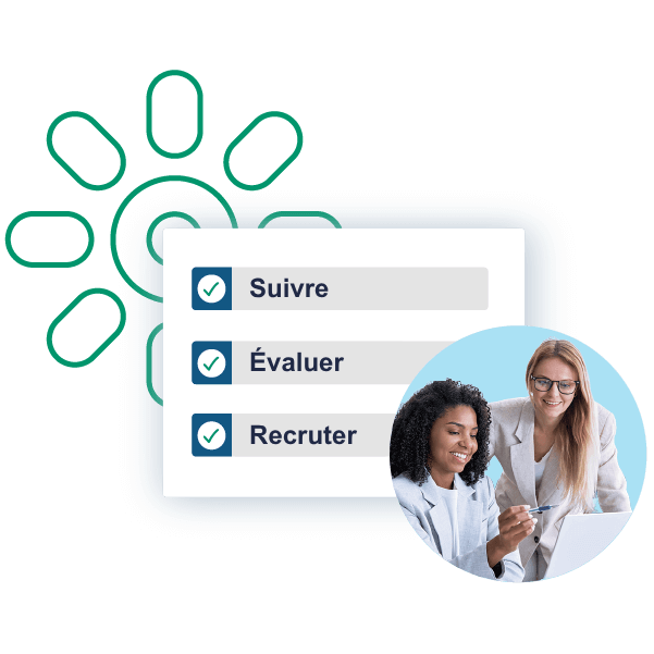 Deux femmes travaillent en collaboration sur une tablette à côté d'un graphique montrant des listes cochées intitulées « Suivre », « Evaluer » et « Recruiter » — des caractéristiques des meilleurs logiciels de recrutement pour les petites agences.