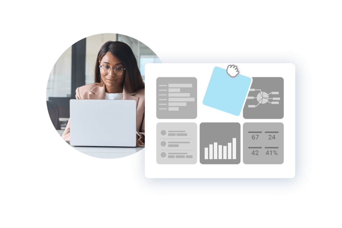 A woman using a laptop displaying a graph, representing Bullhorn Platform for staffing agency software.