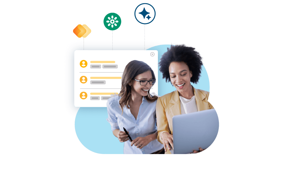 Two women engage with a laptop featuring icons for Bullhorn Platform, a recruitment software designed for staffing agencies.