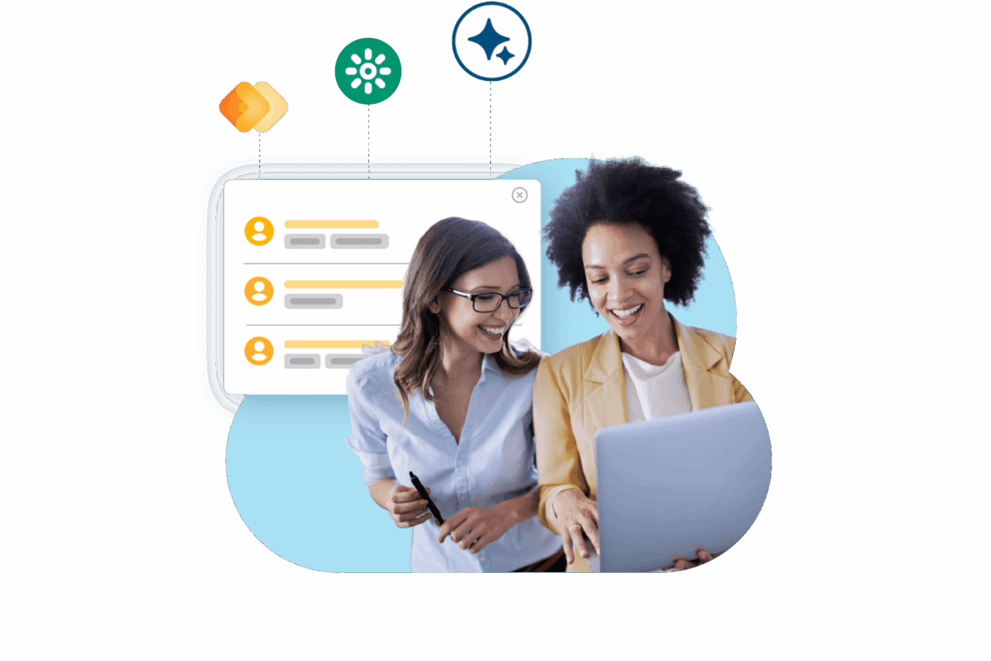 Two women engage with a laptop featuring icons for Bullhorn Platform, a recruitment software designed for staffing agencies.