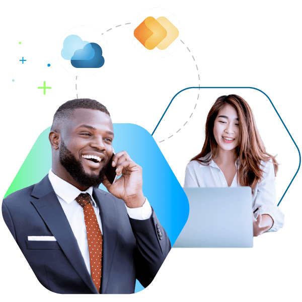 A man on the phone and a woman with a laptop representing Bullhorn, with Bullhorn Platform and Bullhorn Recruitment Cloud product icons. AI recruitment software from the top recruitment CRM system for recruitment agencies.
