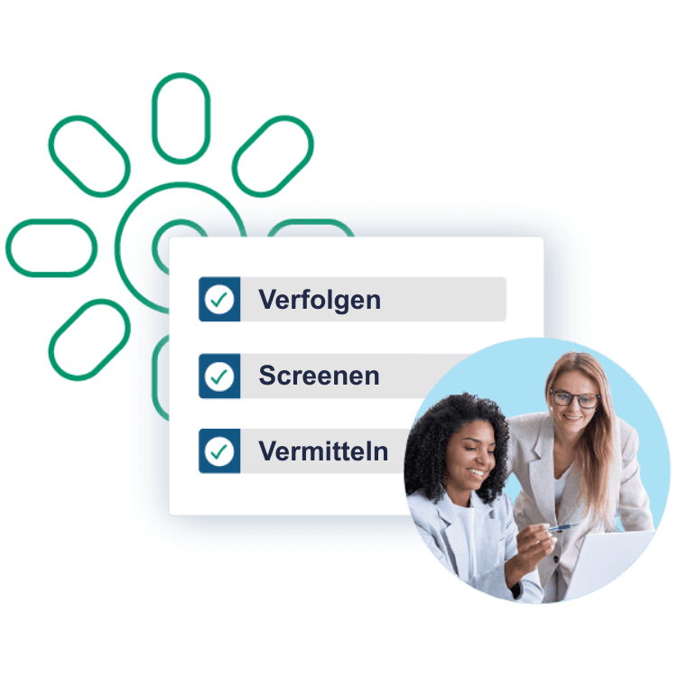 Zwei Frauen arbeiten gemeinsam an einem Tablet neben einer Grafik, die abgehakte Listen mit den Bezeichnungen „Verfolgen“, „Screenen“ und „Vermitteln“ zeigt – Kennzeichen erstklassiger Rekrutierungssoftware für kleine Agenturen.
