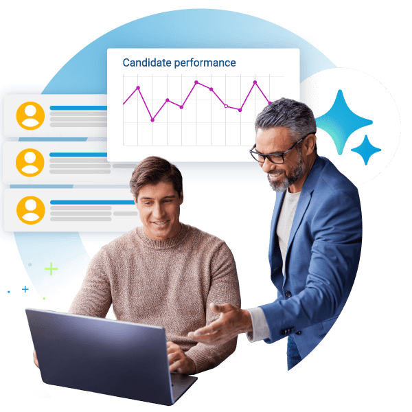 Two men look at a laptop screen with a chart labeled "Candidate performance" and user profile with AI icons in the background, showcasing how top recruitment software for small agencies streamlines candidate evaluation.