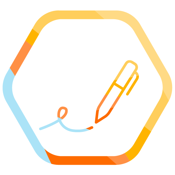 Une icône au trait d'un stylo dessinant une boucle bleue et orange, centrée dans un cadre hexagonal arrondi aux bordures bleues, oranges et jaunes. Cette illustration représente le pilier « Rewrite the Rules » de l'initiative Osez l'audace de Bullhorn pour le secteur du recrutement.