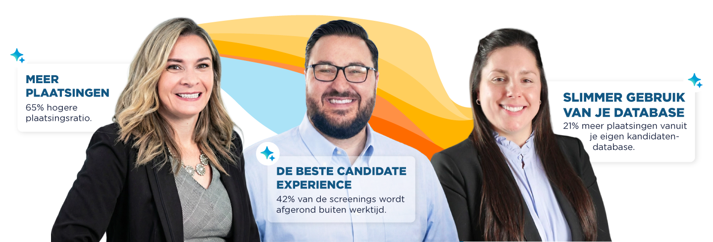Drie lachende professionals staan voor een kleurrijke blauwe, gele en oranje golfgrafiek. Tekstoverlays benadrukken belangrijke statistieken: een stijging van 65% in het conversiepercentage van sollicitaties naar plaatsingen, AI-screening van talloze sollicitaties met een tevredenheidsscore van 4,5/5,0, en een verkorting van de aanmaaktijd van taken tot slechts één minuut. Deze visualisatie vertegenwoordigt Bullhorns Rally Cry - Durf te groeien-initiatief voor de recruitmentbranche.