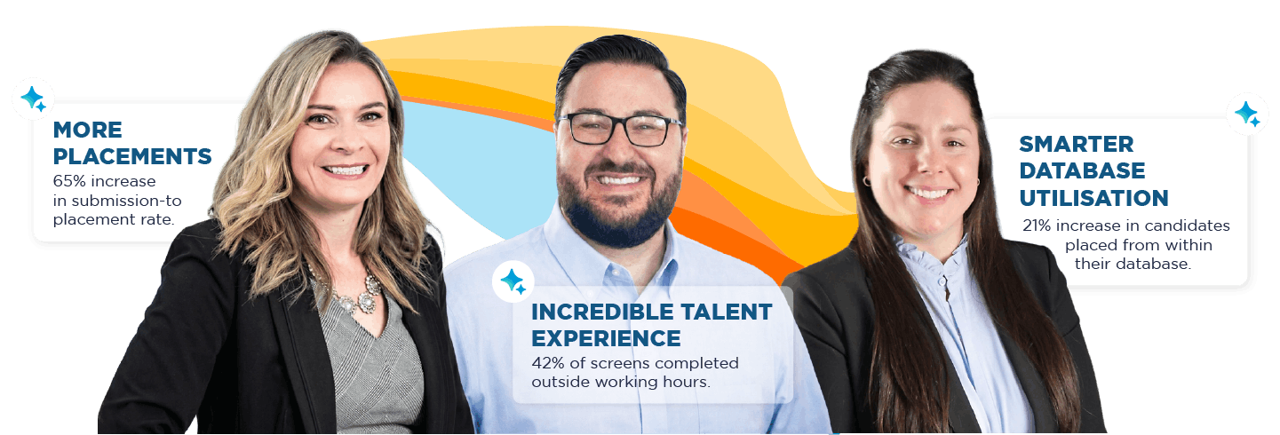Three smiling individuals in business attire are featured, with text highlighting benefits: More Placements, Incredible Talent Experience, and Smarter database utilization. Background includes colorful abstract shapes, conveying a positive, professional tone. This visual represents Bullhorn's Rally Cry - Run with the Bold initiative for the recruitment industry.